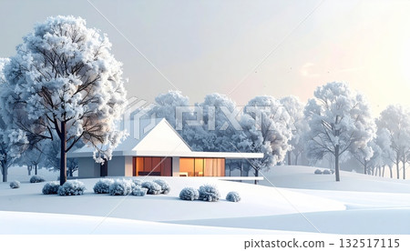 Old rural cottage nestled in a snowy winter landscape with bare trees and a white sky 132517115