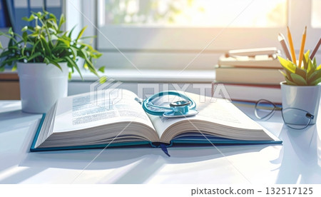An open book and glasses rest on a business desk next to a laptop for learning and knowledge 132517125