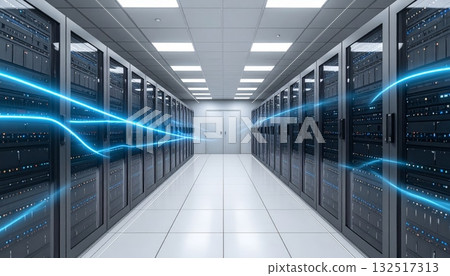 Blue-lit data center corridor interior hallway with empty floor and modern ceiling design for business 132517313