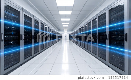Blue-lit data center corridor interior hallway with empty floor and modern ceiling design for business Blue-lit data center corridor interior hallway with empty floor and modern ceiling design for business 132517314
