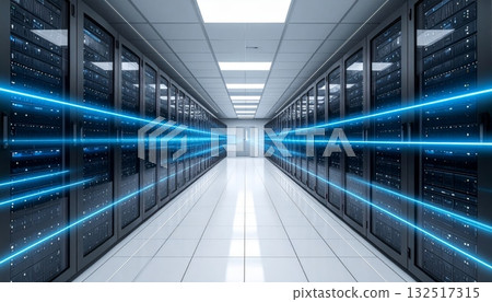 Blue-lit data center corridor interior hallway with empty floor and modern ceiling design for business Blue-lit data center corridor interior hallway with empty floor and modern ceiling design for business 132517315
