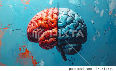 Human anatomy of the brain in 3D illustration on a blue or wooden background representing intelligence, mind, and medical science concepts Human anatomy of the brain in 3D illustration on a blue or wooden background representing intelligence, mind, and medical science concepts 132517350