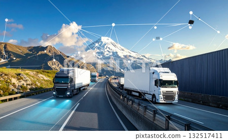 Mountain landscape with a truck driving on the highway under a clear sky, depicting transport and travel Mountain landscape with a truck driving on the highway under a clear sky, depicting transport and travel 132517411
