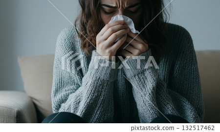 Suffering from a cold or flu, a young woman blows her nose with a tissue while sitting on a sofa, experiencing discomfort and the symptoms of illness Suffering from a cold or flu, a young woman blows her nose with a tissue while sitting on a sofa, experiencing discomfort and the symptoms of illness 132517462
