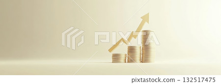 Stacks of gold coins increasing in height with an upward arrow symbolizing positive investment growth and financial success 132517475