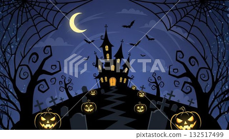 Halloween illustration of a spooky mansion and pumpkin lanterns standing on a full moon night Halloween illustration of a spooky mansion and pumpkin lanterns standing on a full moon night 132517499