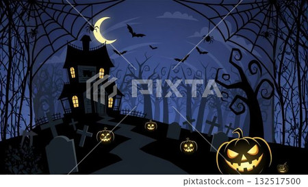 Halloween illustration of a spooky mansion and pumpkin lanterns standing on a full moon night 132517500