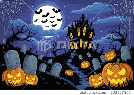Halloween illustration of a spooky mansion and pumpkin lanterns standing on a full moon night Halloween illustration of a spooky mansion and pumpkin lanterns standing on a full moon night 132517505