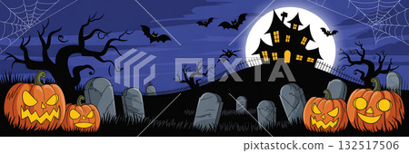 萬聖節插圖:一座陰森的豪宅和南瓜燈籠矗立在滿月的夜晚 萬聖節插圖:一座陰森的豪宅和南瓜燈籠矗立在滿月的夜晚 132517506