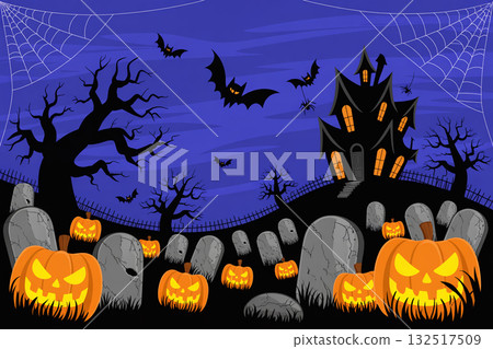 Halloween illustration of a spooky mansion and pumpkin lanterns standing on a full moon night 132517509
