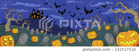 Halloween illustration of a spooky mansion and pumpkin lanterns standing on a full moon night Halloween illustration of a spooky mansion and pumpkin lanterns standing on a full moon night 132517510
