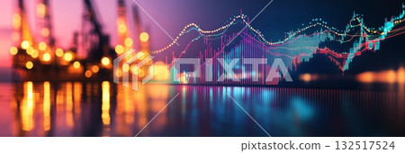 Bitcoin cryptocurrency graph showing increasing profits reflected over an oil rig at sunset, suggesting the change in investment trends from traditional energy to the digital economy 132517524