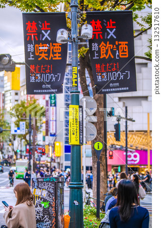 Tokyo cityscape in Japan: "No! Malicious scouts and touts!" "If you are subjected to persistent solicitations or stalking, call 110 immediately!" 132517610