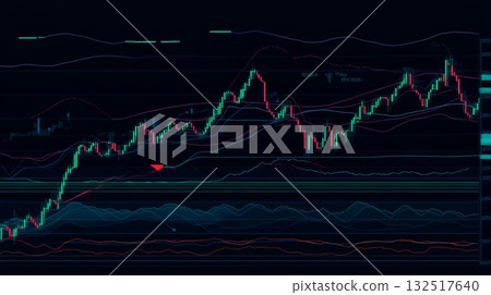 Glowing lines and bars are fluctuating on a computer screen, representing cryptocurrency investment trading data and analysis 132517640