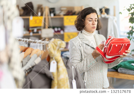 Fashionable female client standing against background of shelves with clothes in modern store and choosing handbag Fashionable female client standing against background of shelves with clothes in modern store and choosing handbag 132517678