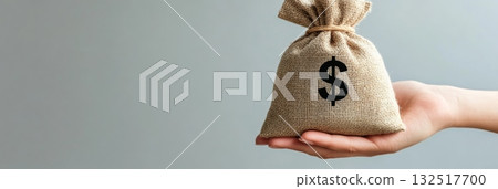Hand gently holds a small burlap bag with a dollar sign, symbolizing savings, investment, financial security, or personal finance management 132517700