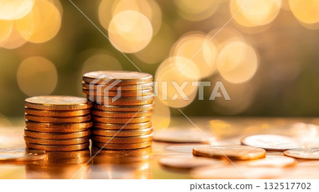 Two stacks of shiny golden coins symbolize increasing profits, successful investments, and the growth of savings, against a warm, sparkling bokeh background 132517702