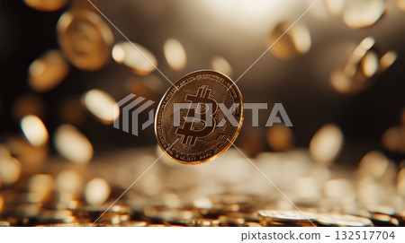 Gold bitcoins are dynamically moving over a blurred pile of coins, symbolizing the fluctuating cryptocurrency market and investment opportunities in finance Gold bitcoins are dynamically moving over a blurred pile of coins, symbolizing the fluctuating cryptocurrency market and investment opportunities in finance 132517704