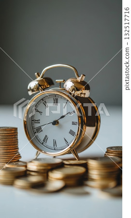 Golden alarm clock sits on a scattered pile of gold coins, symbolizing the importance of timing and investment in the world of finance 132517716
