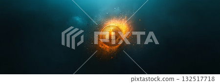 Golden bitcoin is burning in bright flames against dark blue background, representing cryptocurrency market volatility and investment risks 132517718