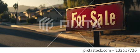 Red for sale sign stands prominently in front of blurred suburban houses at sunset, indicating property availability in the housing market 132517720