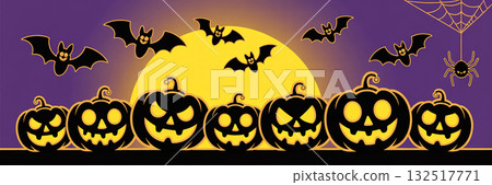 Halloween illustration of a spooky mansion and pumpkin lanterns standing on a full moon night Halloween illustration of a spooky mansion and pumpkin lanterns standing on a full moon night 132517771
