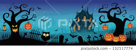 Halloween illustration of a spooky mansion and pumpkin lanterns standing on a full moon night Halloween illustration of a spooky mansion and pumpkin lanterns standing on a full moon night 132517774