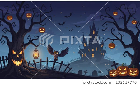 Halloween illustration of a spooky mansion and pumpkin lanterns standing on a full moon night 132517776