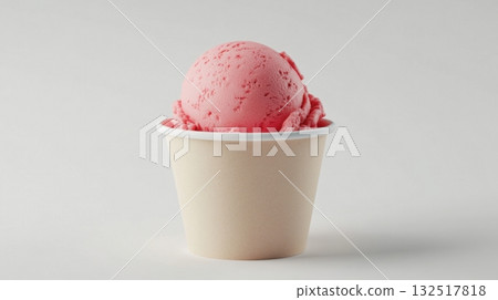 A scoop of pink ice cream in a paper cup. 132517818