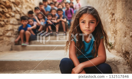 Girl sits alone others in background. 132517846
