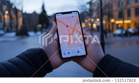 Hands holding a smartphone displaying a navigation app with a map of a city street at dusk, providing location and guidance for exploring urban environments Hands holding a smartphone displaying a navigation app with a map of a city street at dusk, providing location and guidance for exploring urban environments 132517928