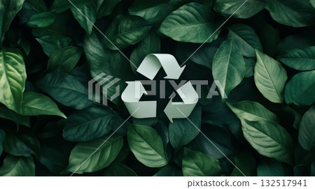 White recycling symbol resting on a vibrant backdrop of lush green leaves, conveying a powerful message of environmental sustainability and responsible waste management 132517941