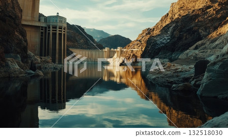 Majestic Hoover Dam reflecting in calm waters. 132518030