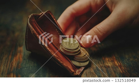 Hand counting coins from a leather wallet. Hand counting coins from a leather wallet. 132518049