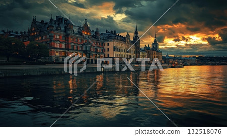 Stockholm sunset cityscape. 132518076