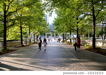 人們沿著橫濱大廣場公園綠樹成蔭的街道散步 人們沿著橫濱大廣場公園綠樹成蔭的街道散步 132518153