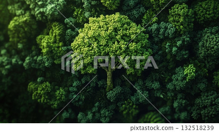 Lush green tree in a dense forest canopy. 132518239