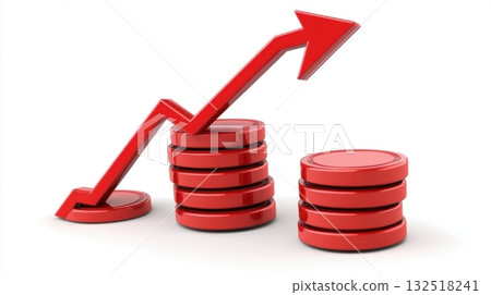 Red arrow pointing upwards above stacks of coins. 132518241