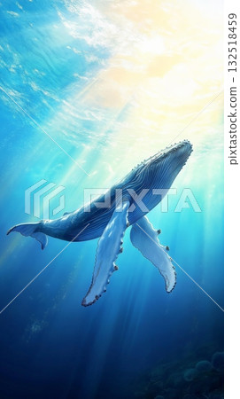 Large whale swimming gracefully through crystal clear ocean water, sunbeams filtering through the surface, creating a breathtaking underwater scene 132518459