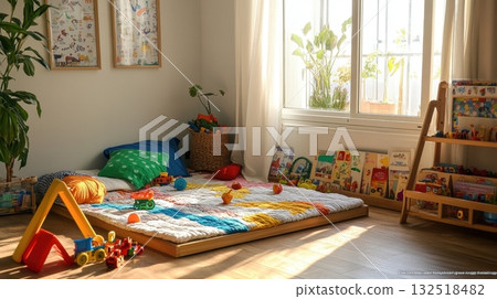 Sunlit Playroom with Childs Bed and Toys. Sunlit Playroom with Childs Bed and Toys. 132518482