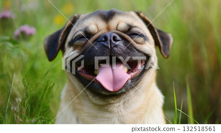 Happy Pug in a Field of Flowers. Happy Pug in a Field of Flowers. 132518561