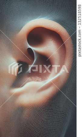 Digital grid enveloping a human ear, capturing the essence of listening to music and sound waves, illustrating the intersection of music technology and innovative sound design 132518598