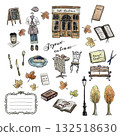 Autumn cafe terrace and miscellaneous goods hand-drawn watercolor illustration set (transparent PNG) 132518630