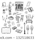 Autumn cafe terrace and miscellaneous goods line drawing illustration set (transparent PNG) 132518633