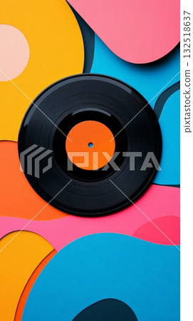 Black vinyl record with orange label resting on a vibrant, multi colored wavy background, symbolizing music recording, sound production, and the entertainment industry 132518637