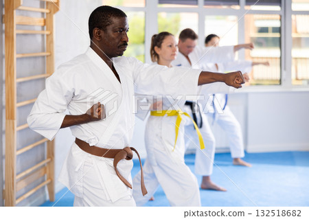 Multinational students repeat position and perform sequence of punches and painful techniques kata 132518682