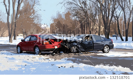 Two damaged cars sitting on a snowy road after a collision, illustrating the hazards of driving in winter conditions and the increased risks associated with icy surfaces 132518701