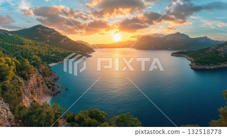 Sunset over a Secluded Mediterranean Cove. Sunset over a Secluded Mediterranean Cove. 132518778