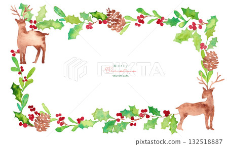 Christmas wreath frame. Watercolor Christmas vector illustration. Holly and reindeer. 132518887
