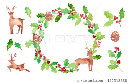 Christmas wreath frame. Watercolor Christmas vector illustration. Holly and reindeer. 132518888